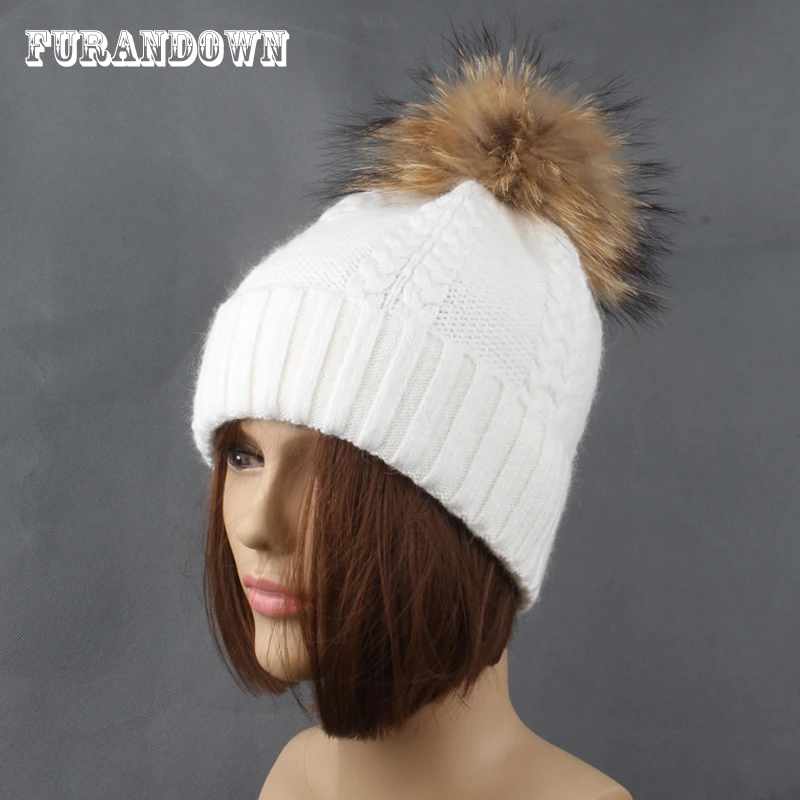 Зимние шапки из меха норки для женщин бини с помпоном кашемировые шерстяные