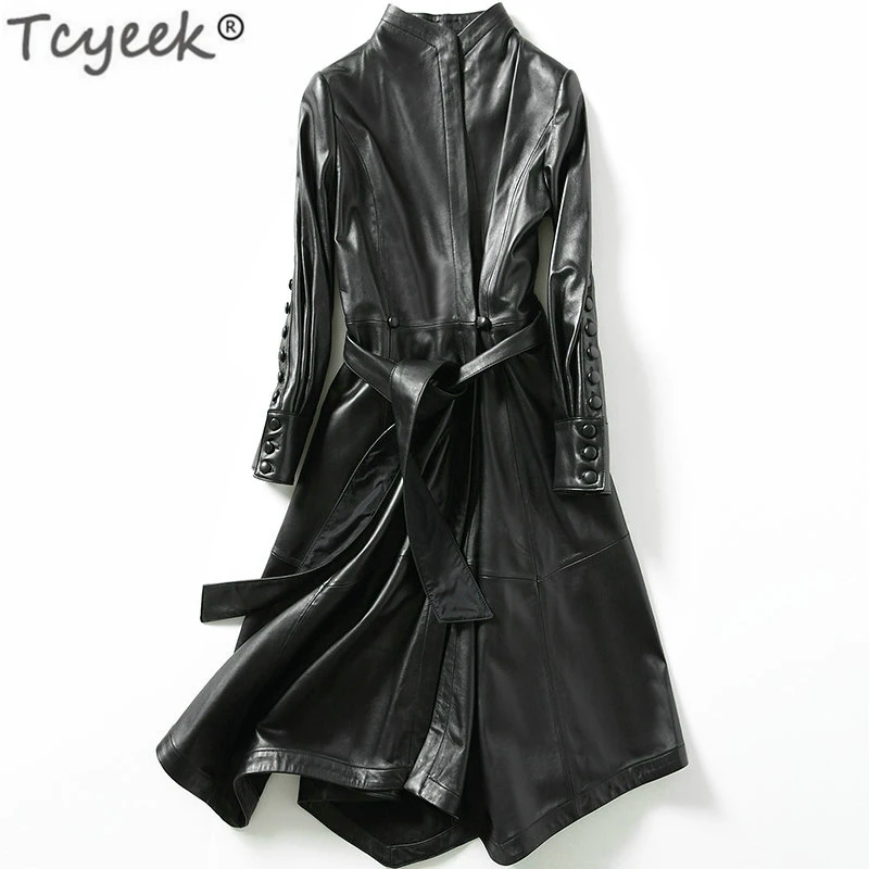 Tcyeek/куртка из натуральной кожи для женщин; кожаное пальто женское пальто из натуральной овчины; куртка монтона; длинный весенний плащ; LWL1472