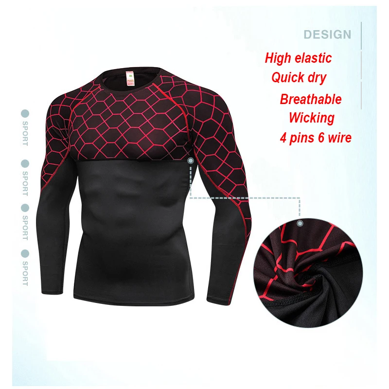 Grid Printed Men's Compression Fitness Shirts Base Layer Long Sleeve Tight Sports T-Shirt Running Gym Rashguard Sportswear Tops | Спорт и