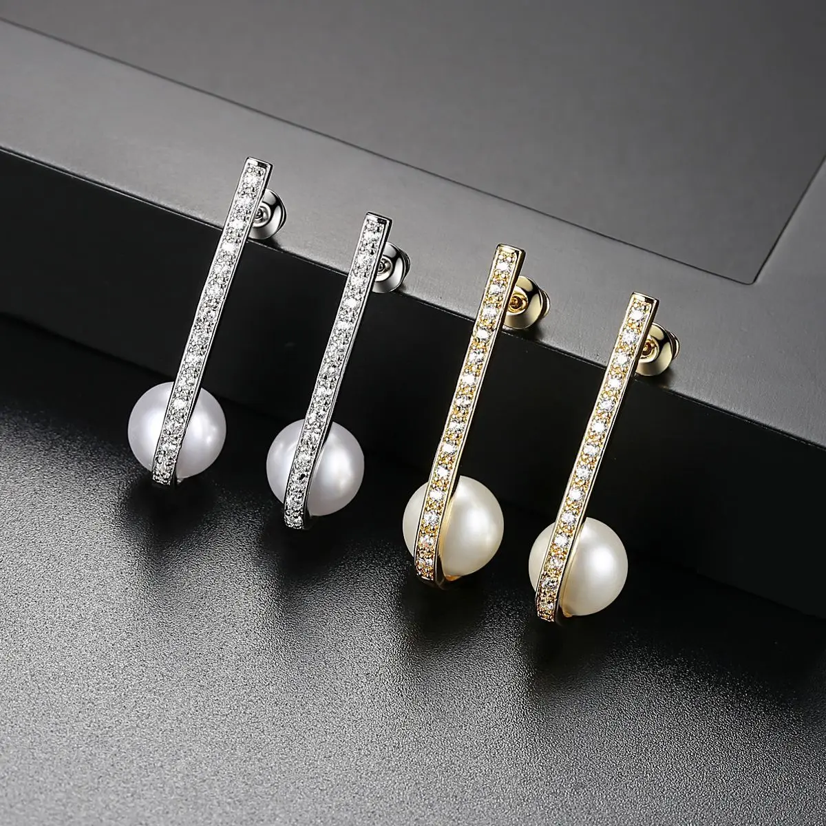 2019 New Creative Gold Silver Color Fulll AAA Cubic Zirconia Hook White Pearl Drop Earrings For Women Geometric Design Earring | Украшения