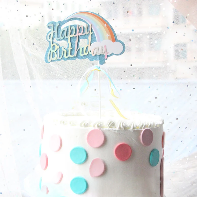 1pcs Happy Birthday Cake Topper Blue Pink Rainbow For Party Decorations Decor | Дом и сад