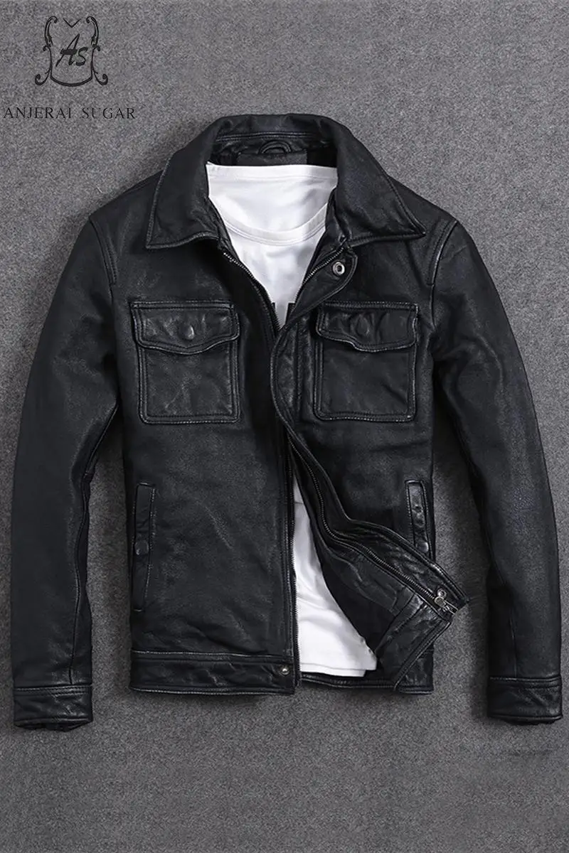Куртка мужская черная из натуральной коровьей кожи с карманами в винтажном стиле