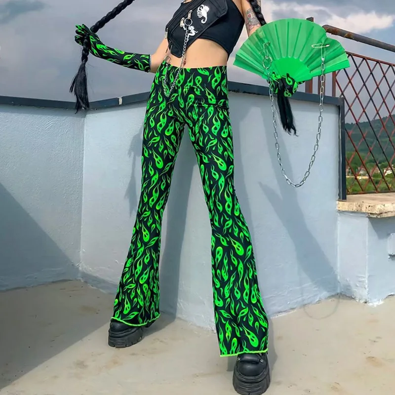 

Black Neon Green Long Pants Fashion Clothes Waist Flare Pants 2019 Autumn Streetwear Green Flame Print Flared Trousers For Women