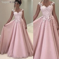 superkimjo lace applique prom dresses 2020 pink tulle cap sleeve a line prom gown for women vestido de festa longo