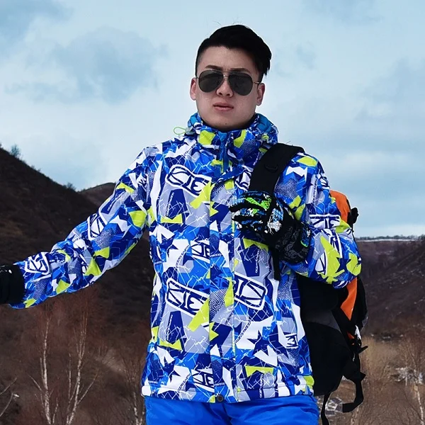 Blue Green Print Мужские лыжные куртки Marsnow из России-30, зимние водонепроницаемые термокуртки для походов и сноубординга, теплые мужские лыжные куртки для сноуборда - Цвет: Blue Green Print