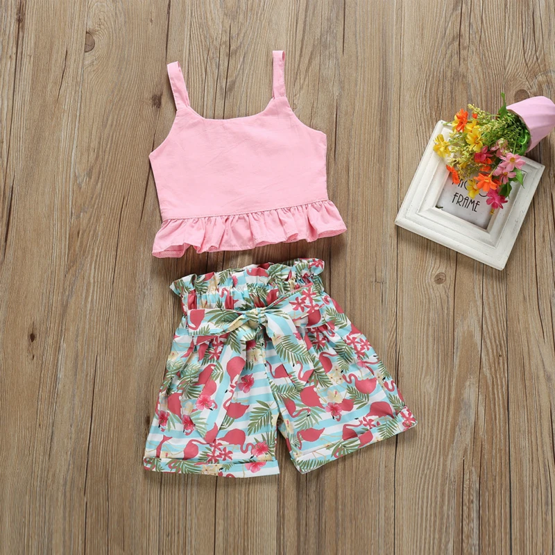 2pcs/set Baby Girls Clothes Pink Anchor Tops+ Flamingo Shorts Outfits Set Summer Girl | Детская одежда и обувь