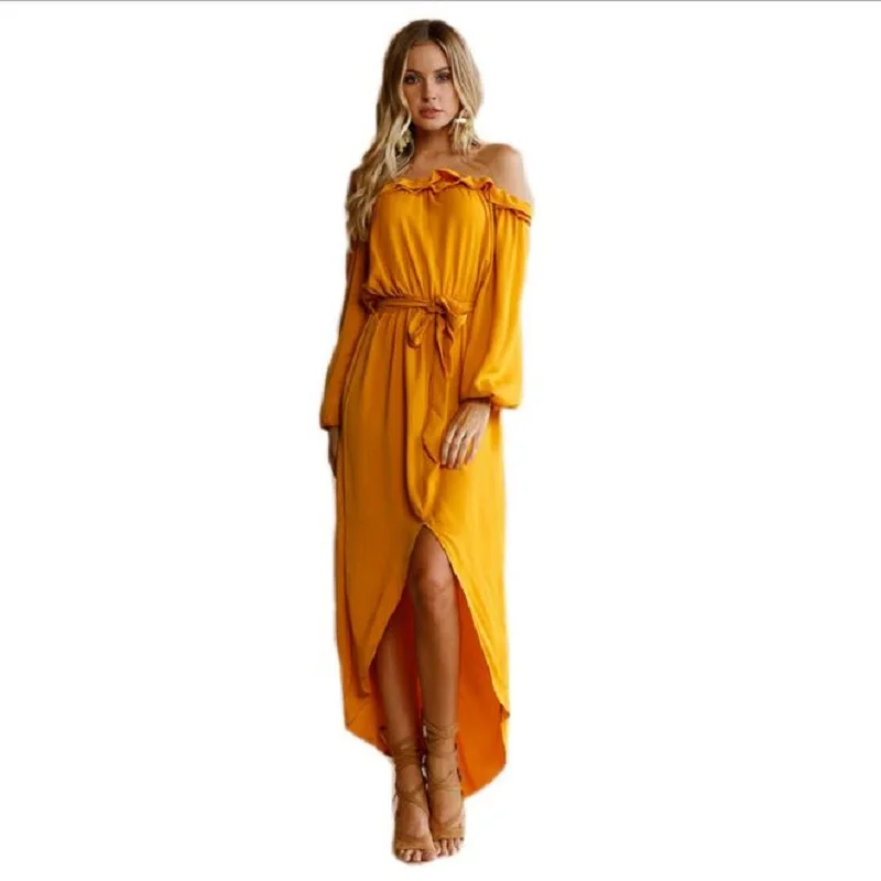 

hot 2018 summer new folds collar long sleeve waist irregular long dress strapless collar sexy yellow bohemian beach dress