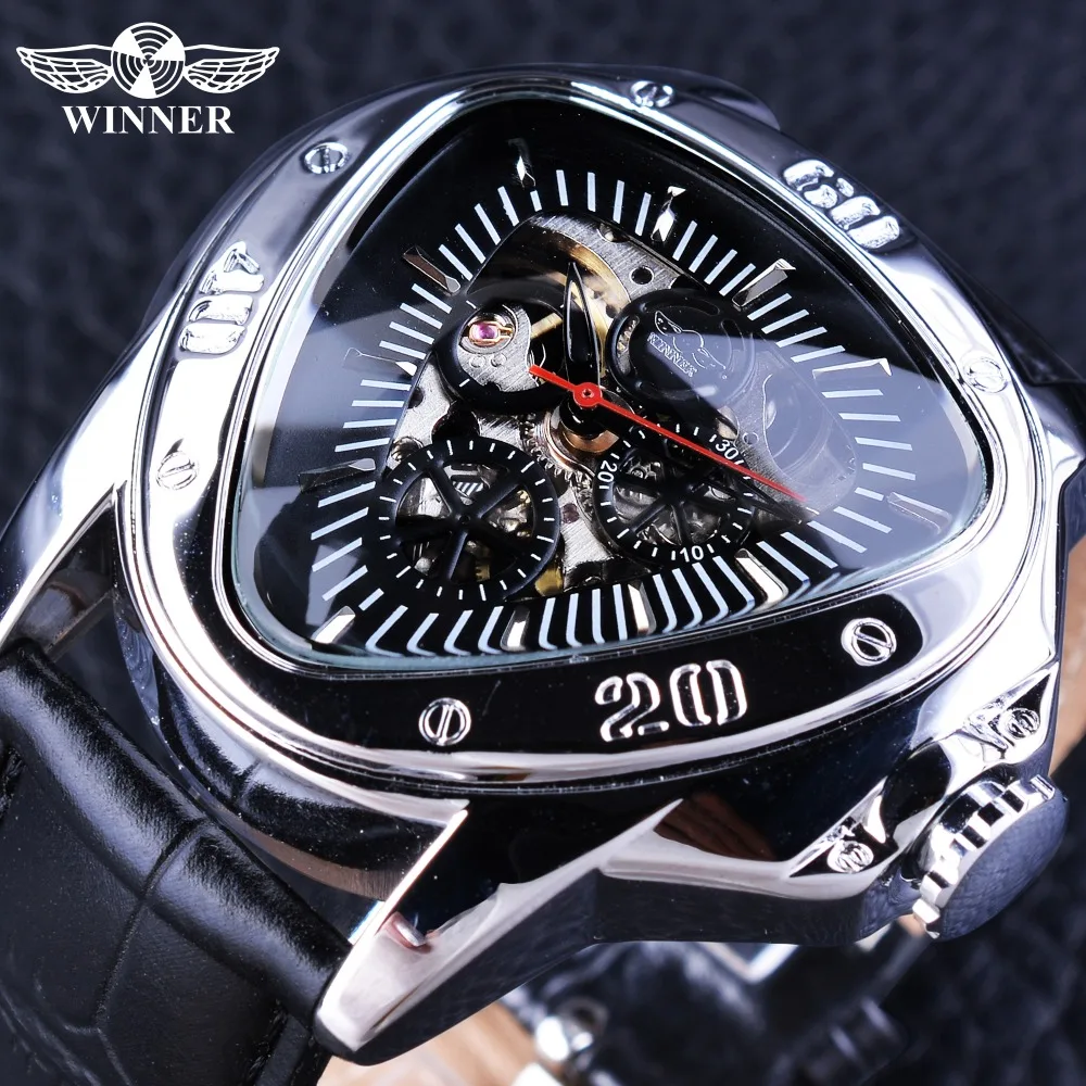

Часы Winner Sport Racing Series Мужские механические, Уникальные Дизайнерские наручные часы с треугольным циферблатом, с черными и красными стрелками