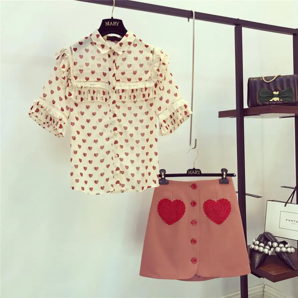 2019 летние женские красивые рубашки в форме сердца с короткими рукавами + юбка на