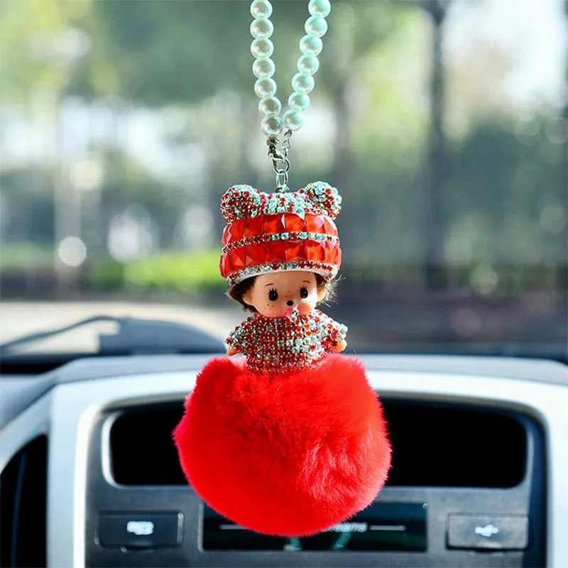 New Arrival Cute Rex Rabbit Fur Set Auger Rear View Mirror Pendant Car Keychain For Mobile Phone bag Auto Accessories 023 | Украшения и