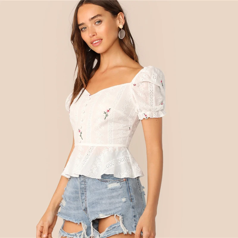 SHEIN топ с воланами, пышными рукавами, пуговицами спереди и баской, Boho, белая баска, с вышивкой, летние женские топы и блузки