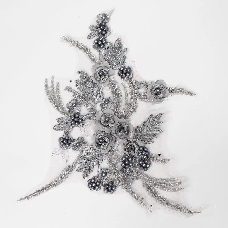 

5pcs 3D Embroidery Lace Flower Bridal Headpiece Sewing on Applique Pearl Beaded Tulle DIY Wedding Dress Accessories