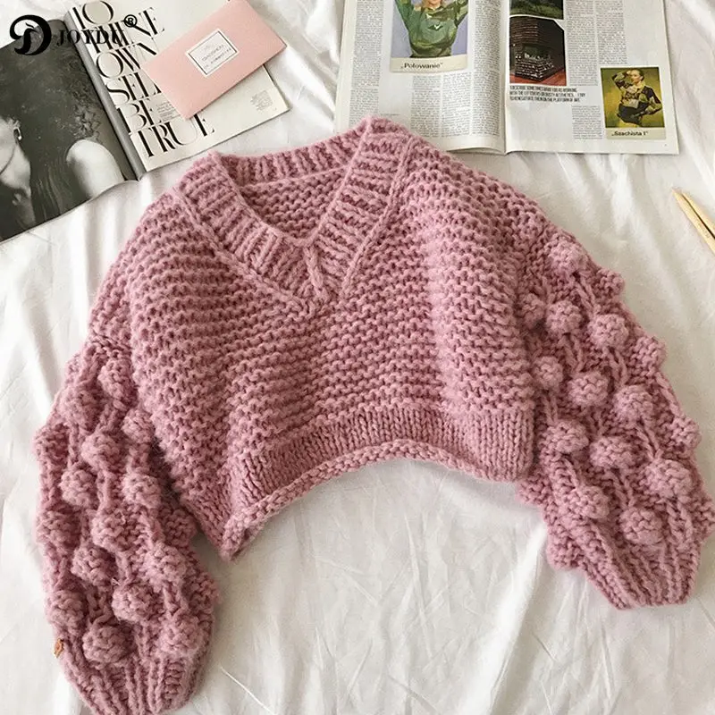Фото JOYDU Oversized Handmade Hairball Soft Mohair Cropped Pullovers Women Sweater 2018 Winter Thick Needle V-neck Fashion Jumper Top Женская JOYDU Oversized Handmade Hairball Soft Mohair Cropped Pullovers Women Sweater 2018 Winter Thick Needle V-neck Fashion Jumper Top Женская