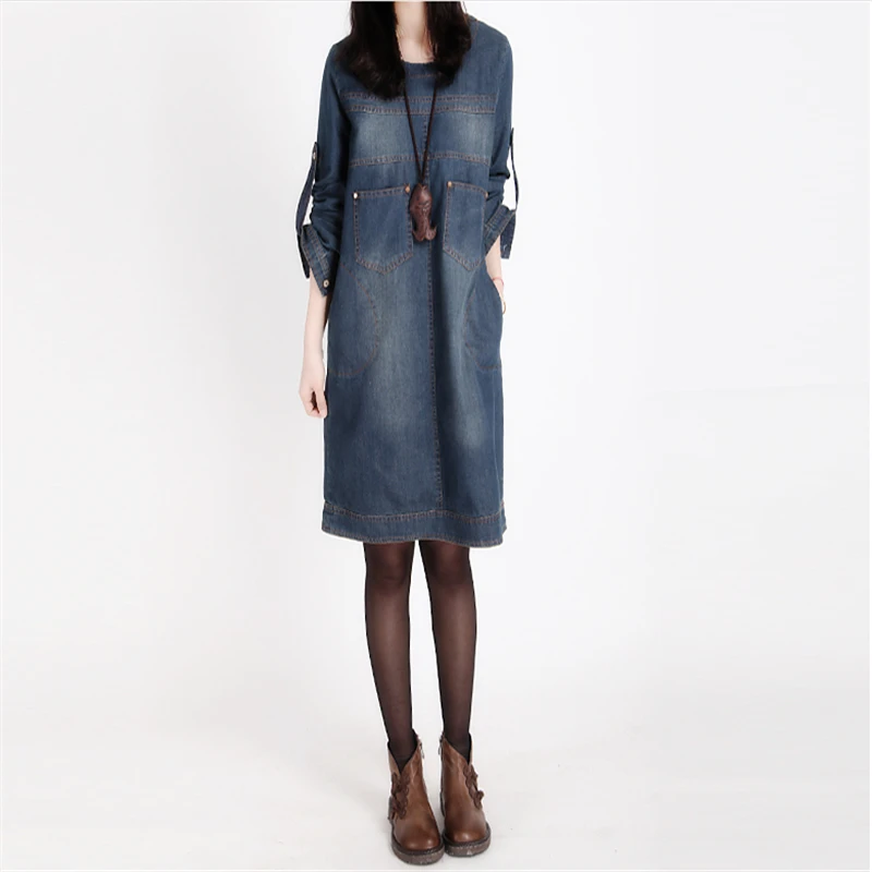 

Spring Autumn Dress 2020 Women New Korean Plus Size Long Sleeve Denim Dress Vintage Retro White Pocket Female Knee Length Dress