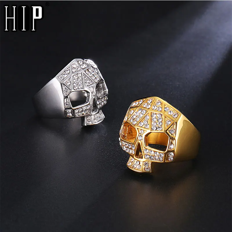 Хип хоп Золотое кольцо с черепом Iced Out Bling IP позолоченные титановые кольца из