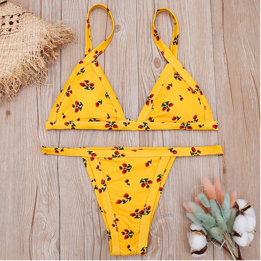 Желтый Цветочный комплект бикини пуш ап ванный микро Maillot De Bain купальник 2018 лето