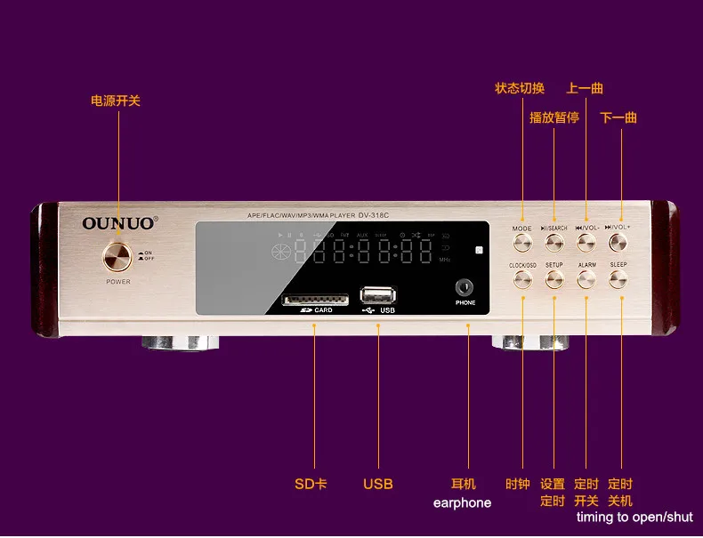 OUNUO DV318C Loseless Музыкальный USB/sd-плеер APE/FLAC/WAV/MP3/WMA Bluetooth/fm-радио/AUX вход/DSP/USB заряжаемый/пульт дистанционного управления
