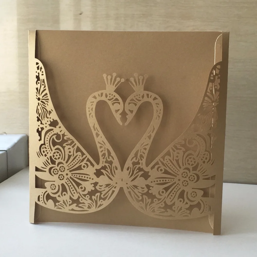 

50pc Laser Cut Swan Pattern Elegant Wedding Invitations Shiny Paper Card Decoration Birthday Party Business Invite Gretting Card