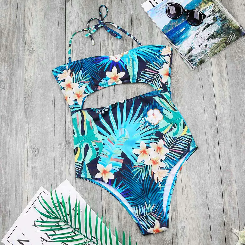 Женский слитный купальник с принтом листьев и тропических листьев|Сочетающаяся