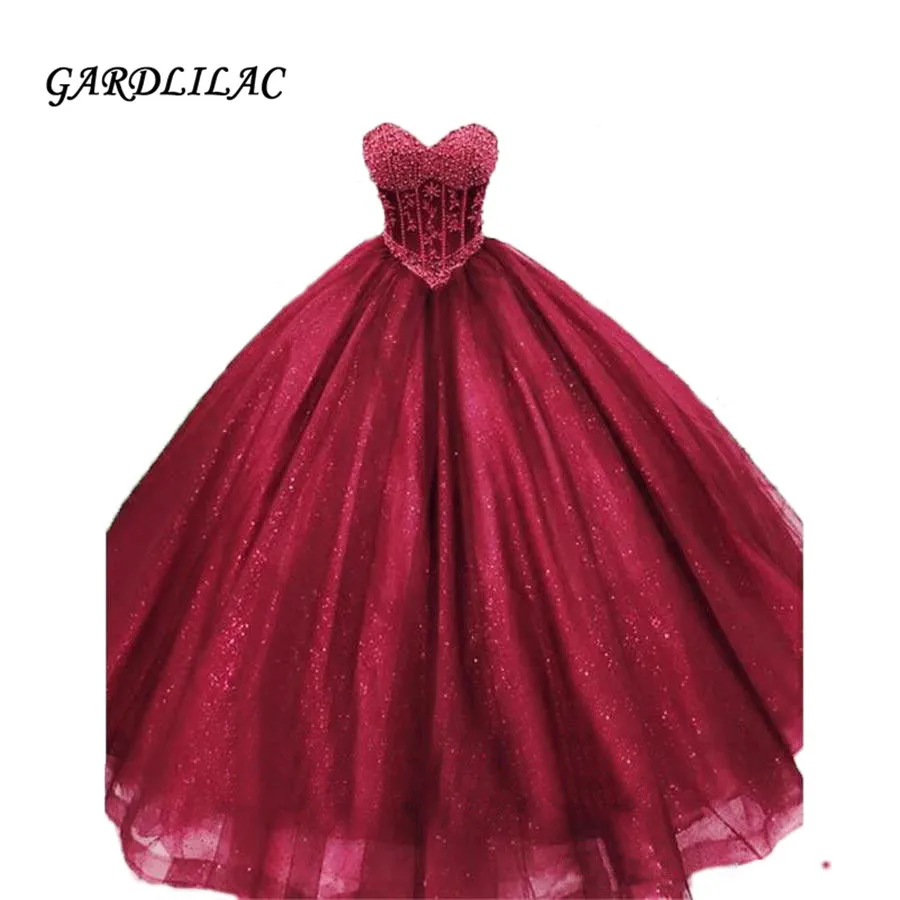 

Burgundy Quinceanera Dresses Ball Gown 2021Sweetheart Tulle Pearls vestido de debutante sweet 16 dresses Prom Dress Long