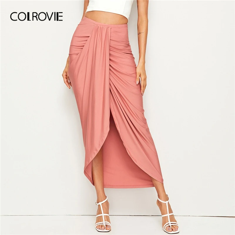 COLROVIE, розовая, высокая талия, асимметричная, драпированная, длинная юбка, для женщин,, летняя рабочая одежда, элегантная, для офиса, для девушек, юбки