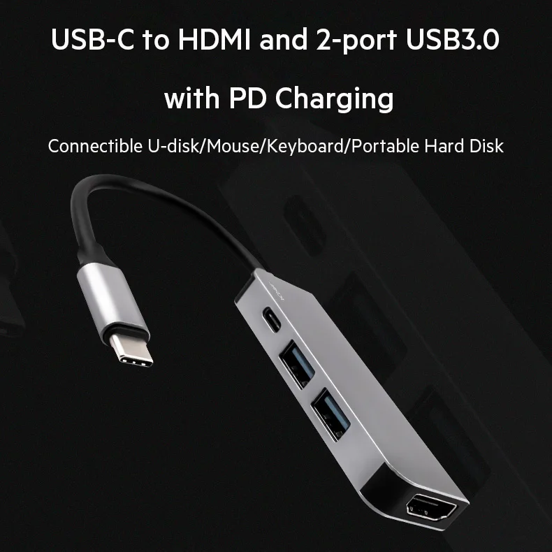 JCPAL USB-C концентратор type-C PD мощность 60 Вт HDMI 4 к видео 2x USB3.0 USB-C док-станция адаптер