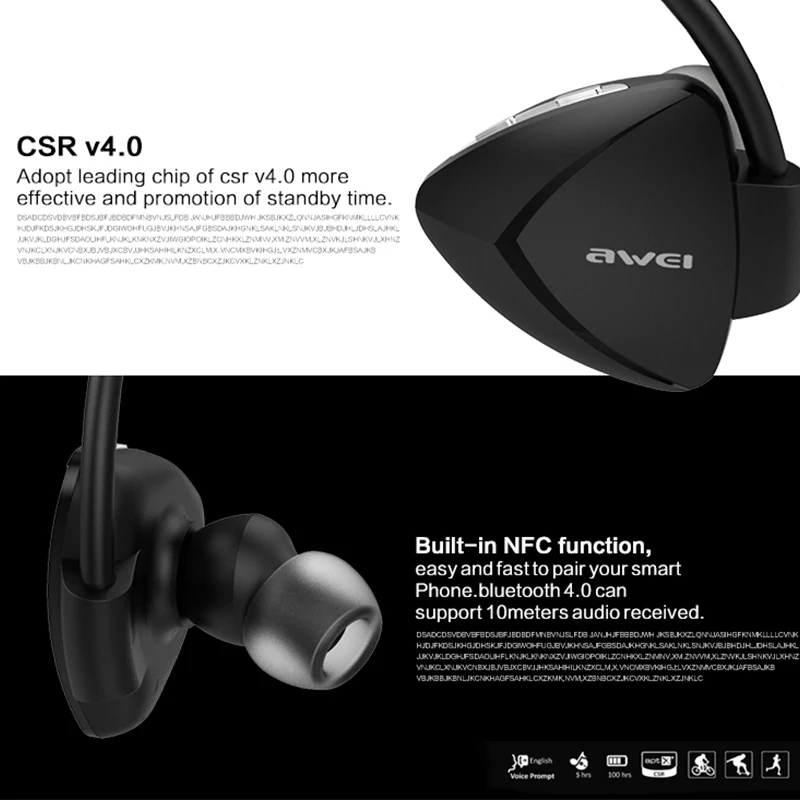 AWEI A840BL Bluetooth Беспроводные наушники с микрофоном водонепроницаемые спортивные стереогарнитура умные наушники с шумоподавлением
