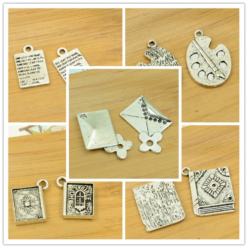 book/envelope/letter/paint/words shape antique silver DIY alloy charm pendant vintage jewelry making accessories findings beads