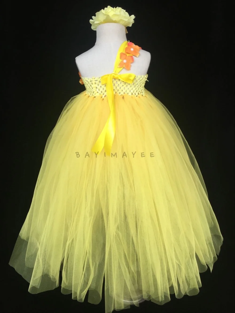 Girls Yellow Crochet Tutu Dress Baby Fluffy Tulle Single Shoulder Ball Gown with Flower Headband Kids Costume Party | Детская одежда и