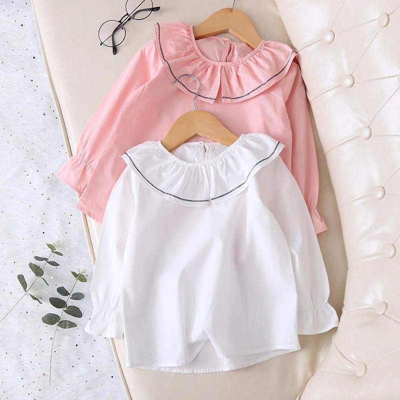 Babyinstar New Girls Blouse Solid Cotton Kid White Blouse Brief Design Baby Pink Blouse Long Sleeve Shirts For Girls