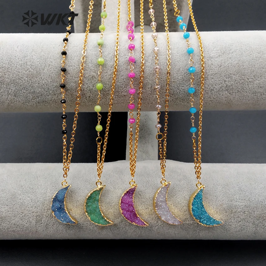 

WT-N1079 Wholesale Fashion Natural Crystal Quartz Angel Necklace Gold Plating Multicolor Druzy Crescent Moon Necklace For Women