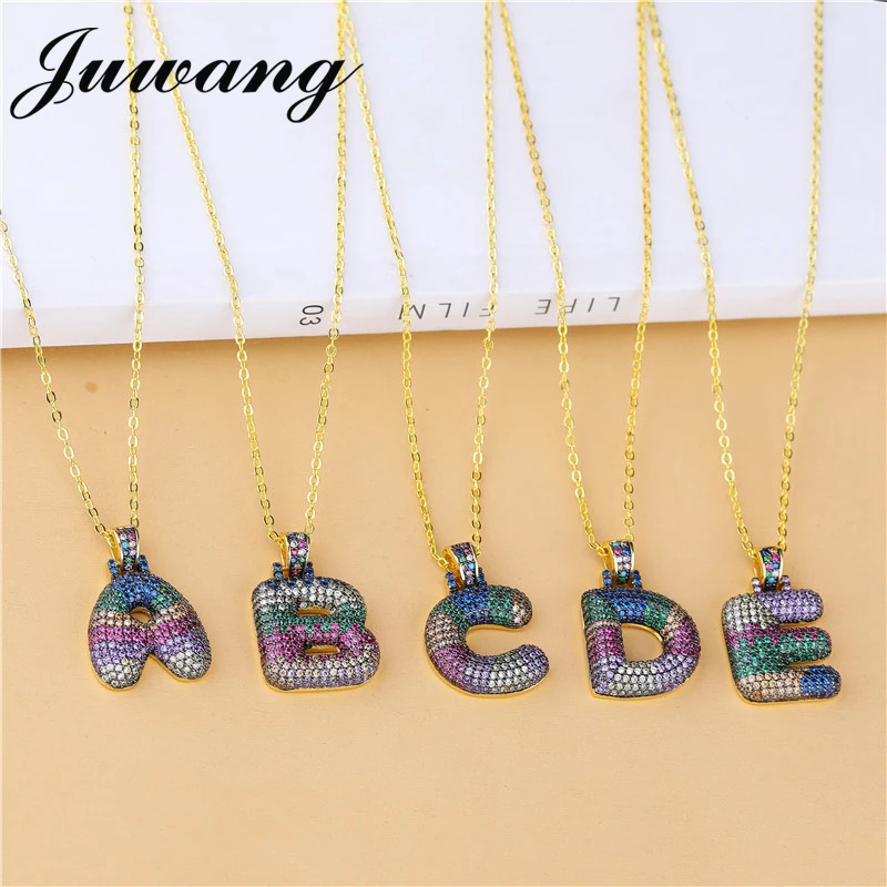 

JUWANG Custom Bubble Letters Necklace Women Pendant Iced Out Colourful Rhinestone Hip Hop Necklaces Jewelry Gift Bijoux Femme