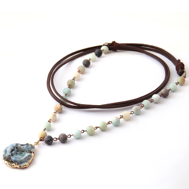 Модные богемные этнические ювелирные бусы Halsband коричневые кожаные амазонитовые