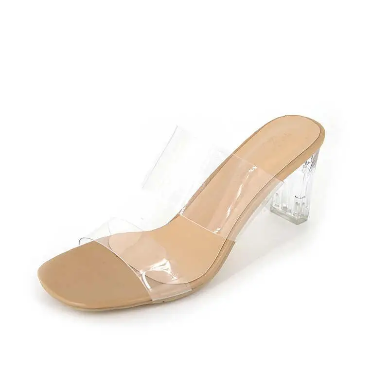 Beige 7cm Популярные женские сандалии-шлепанцы на прозрачном каблуке; Летняя обувь; женские прозрачные туфли-лодочки на высоком каблуке; свадебные прозрачные туфли на высоком каблуке - Цвет: Beige 7cm