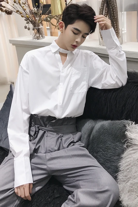 

S-6XL!!Autumn designer new Korean version trend alternative V - collar decoration long - sleeve shirts men's shirts