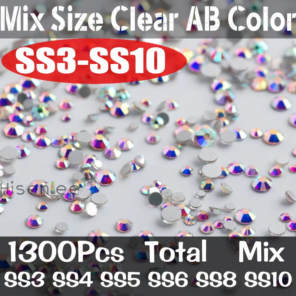 ss3-ss10 1300pcs Hisenlee, SS3-SS40, смешанные Стразы с плоской задней поверхностью для дизайна ногтей, стразы для рукоделия, аксессуары для украшения ногтей - Цвет: ss3-ss10 1300pcs