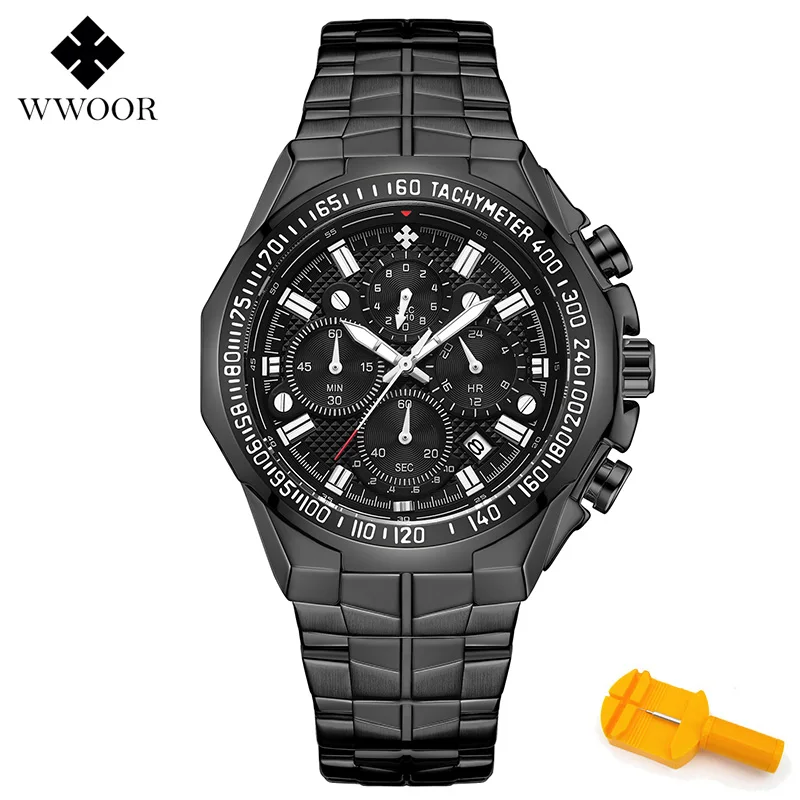 WWOOR часы для мужчин модные спортивные кварцевые часы для мужчин s часы лучший бренд класса люкс Полный сталь Бизнес водонепроницаемые часы Relogio Masculino - Цвет: Черный