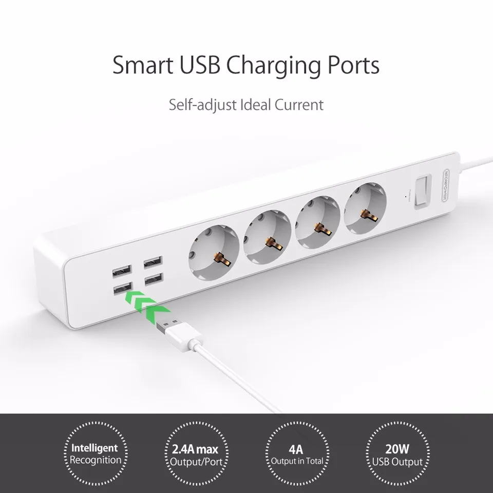 NTON Мощность НСК Smart USB Мощность полосы гнездо ЕС Plug перегрузки коммутатора Стабилизатор напряжения 4 розетки 4 Порты и разъёмы USB Зарядное устройство- 1,8 м Мощность шнур