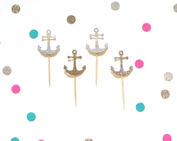 

Glittery anchors Cupcake Toppers perfect beach wedding food toothpicks birthday baby bridal shower party food picks cake decor