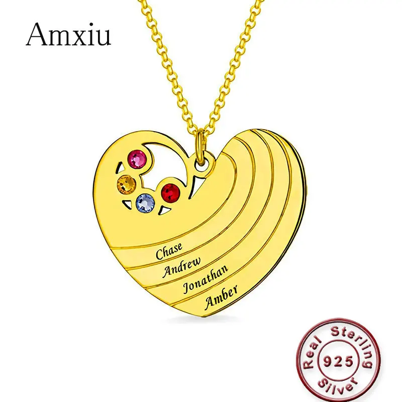 

Amxiu Real 925 Sterling Silver Heart Pendant Necklace Engrave Any Name with Zircon Birthstones Choker Jewelry Mother's Day Gift