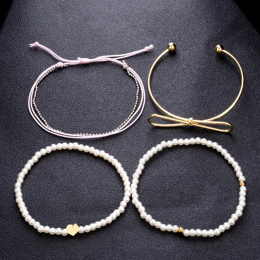 4 Pcs/Set Pearl String Bow Love Bracelet Stainless Steel Stylish Style Cuff Bracelets Personalized Gifts For Friends | Украшения и