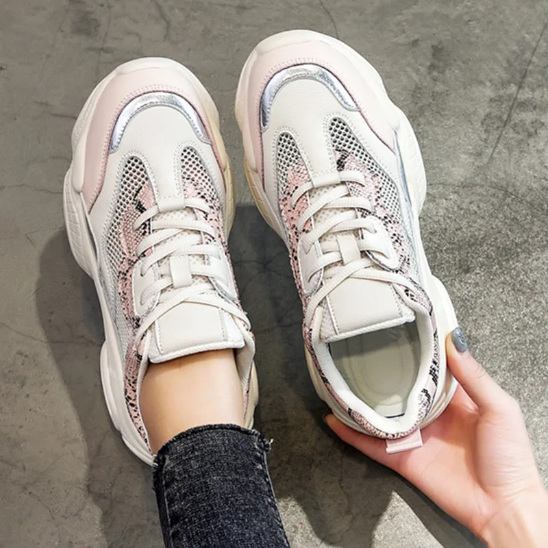 Women Sneakers Vulcanized Shoes Summer Lace-up Mesh Leather Laser Casual Pink Platform 201918w | Обувь