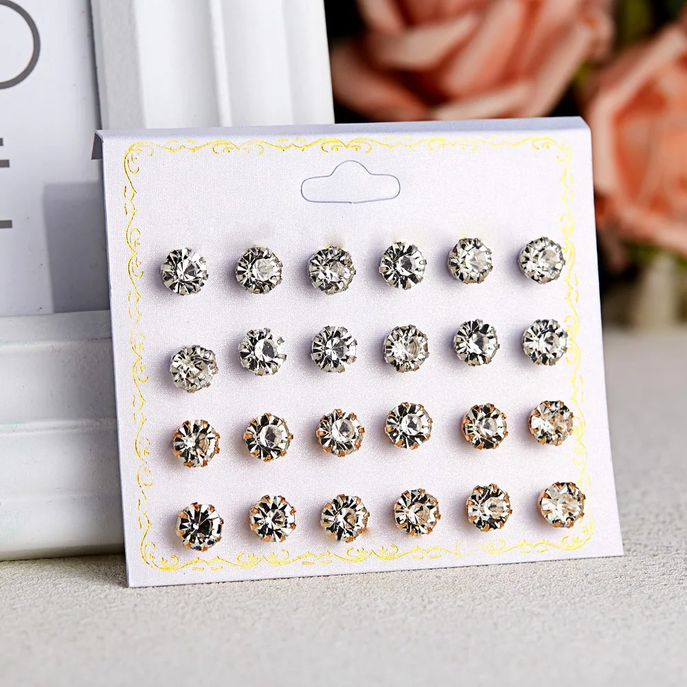 

Fashion 12 pair/set Women Round Crystal Stud Earrings for Women Cubic Zircon Piercing Earrings for Girls Jewelry Gift