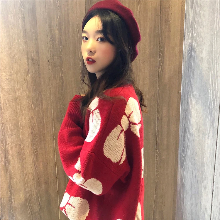 Женский Теплый вязаный свитер красный Свободный пуловер с длинным рукавом и