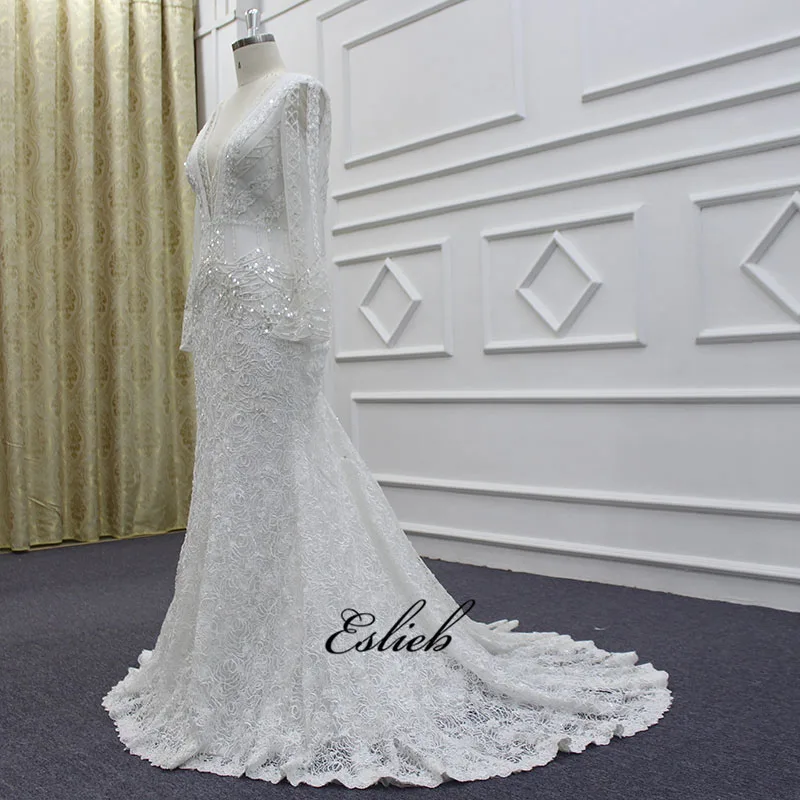 Eslieb Custom made Mermaid Wedding dresses V-NECK Beads wedding dress 2019 Long Sleeves Bridal Dresses Vestido de Noiva | Свадьбы и
