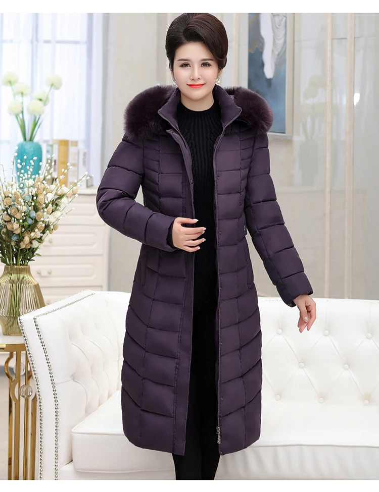 7XL Стеганое пальто с меховым воротником Длинная зимняя куртка-пуховик Женская парка Женская хлопковая верхняя одежда размера плюс теплая зимняя одежда Okd735