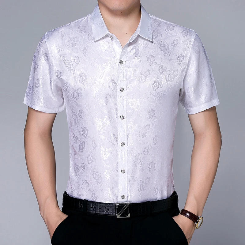 Мужское атласное платье с коротким рукавом Повседневная шелковая рубашка