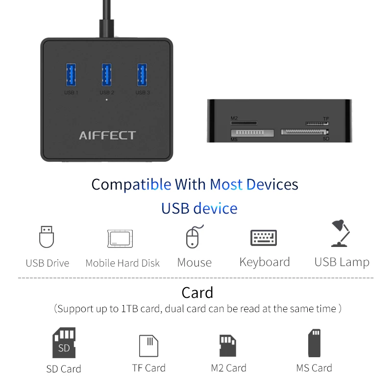 AIFFECT Multi Функция 3 Порты и разъёмы USB разветвитель 0 концентратор считыватель