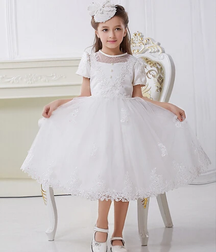 Free Shipping New Lovely Child Girls Birthday Party Dresses Lolita Style Emlebrity O-Neck Puff Sleeve White Prom Dress | Детская одежда