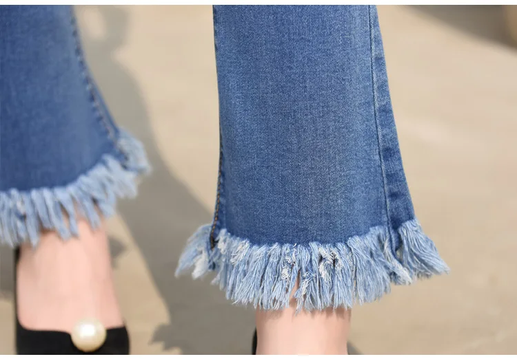 2018 spring and autumn new flare pants jeans high waisted trousers Tassel leg opening |